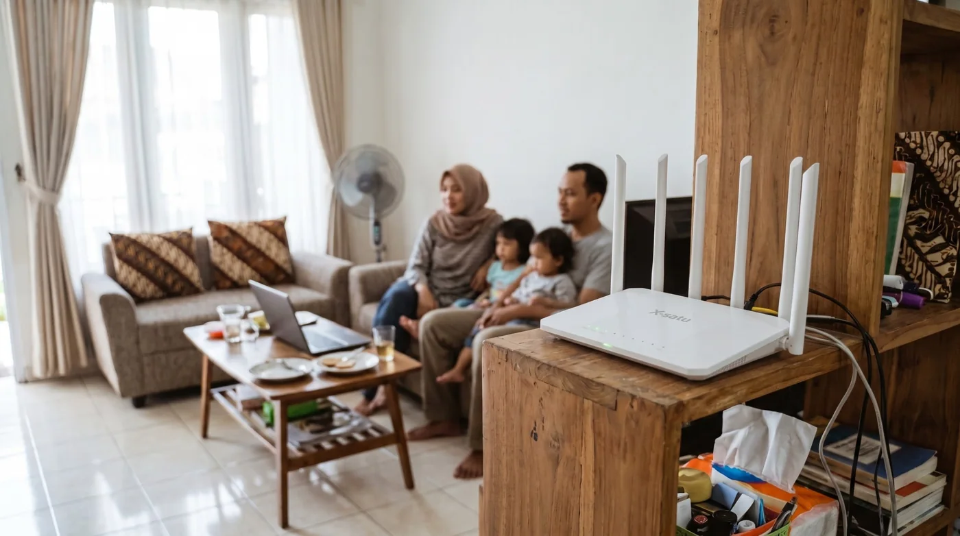 Router WiFi di rak ruang keluarga, dengan satu keluarga menonton TV di sofa