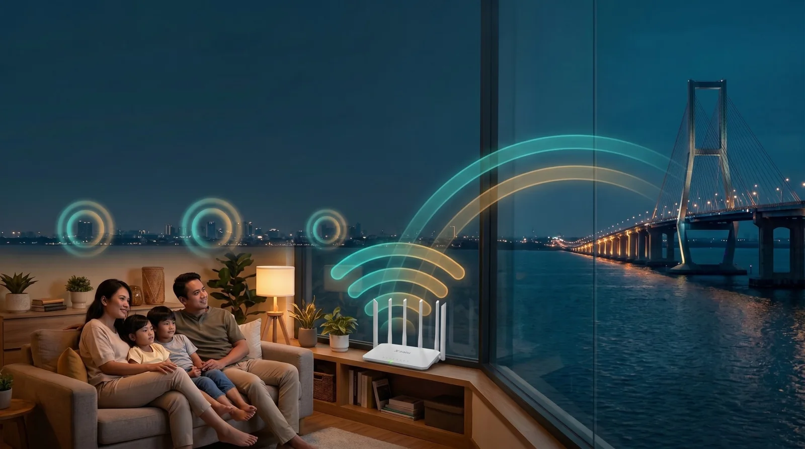 Ilustrasi keluarga menonton TV di rumah, sinyal WiFi dari router melengkung menuju Jembatan Suramadu di malam hari
